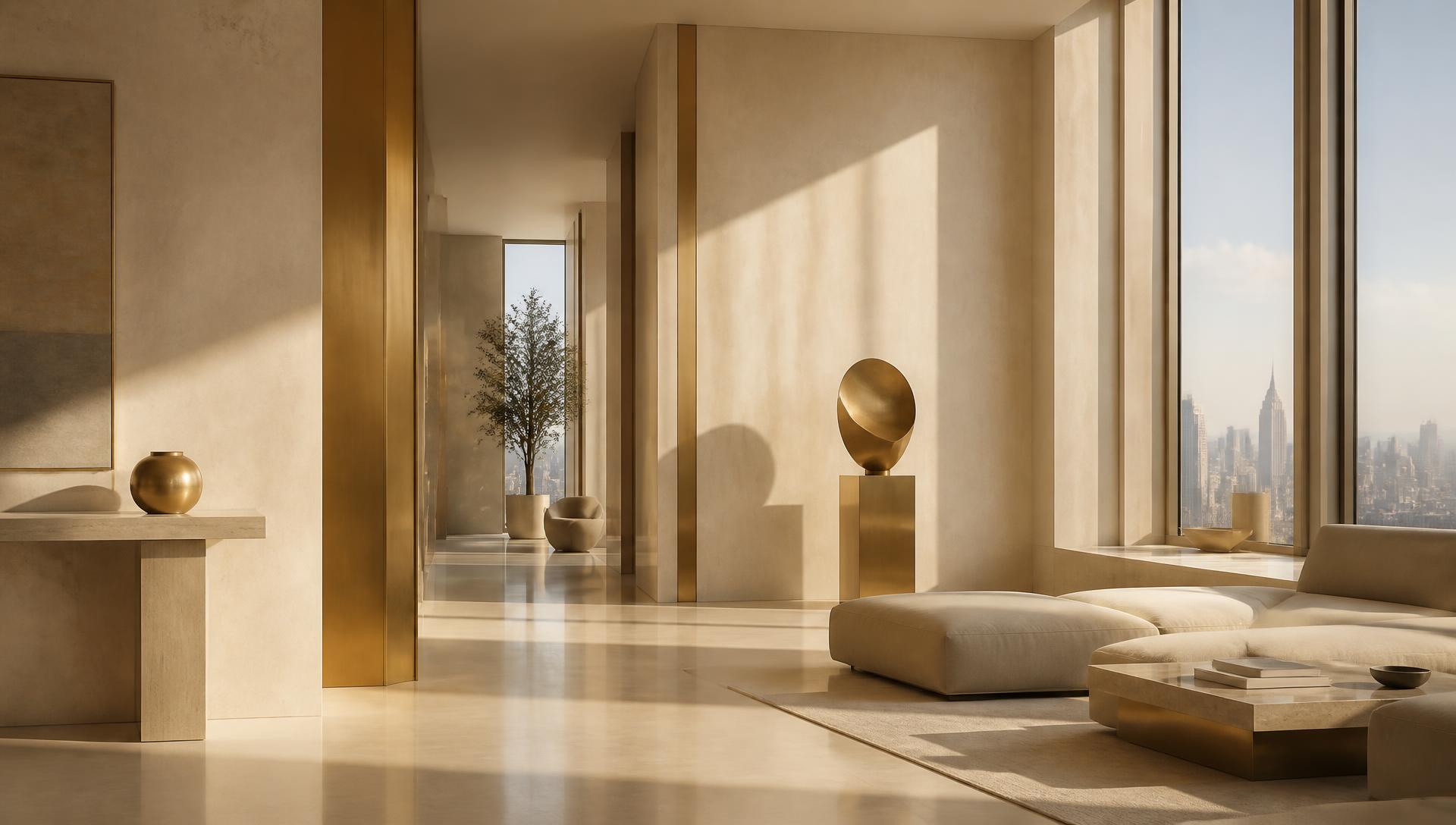 Interior minimalista de lujo en Nueva York con acentos dorados y vista al skyline de Manhattan